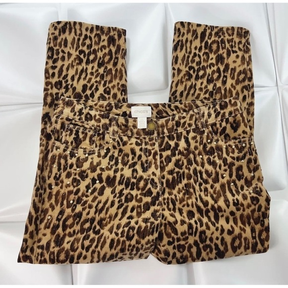 Chico's 1 Sz 8 Womens Leopard Print Studded Corduroy Cropped Pants Brown Stretch - Picture 3 of 8